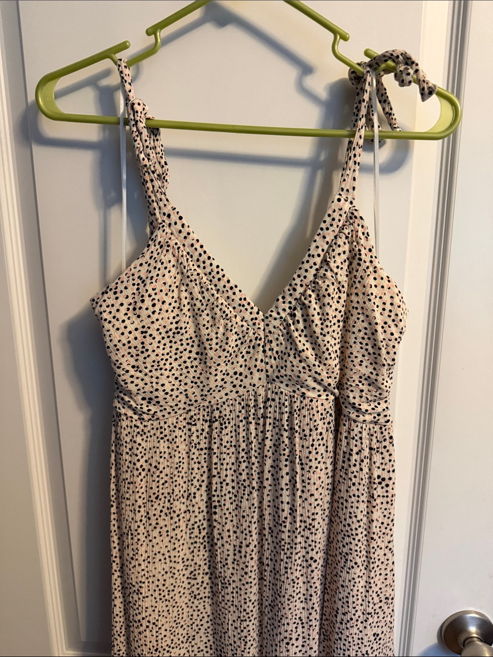 Express Tiered Maxi Dress Cream Blush Dalmatian Spot Print V Neck Tie Shoulders